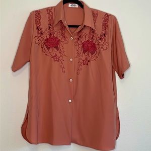 Vintage women’s dress shirt embroidery and faux mother of pearl/gold buttons.
